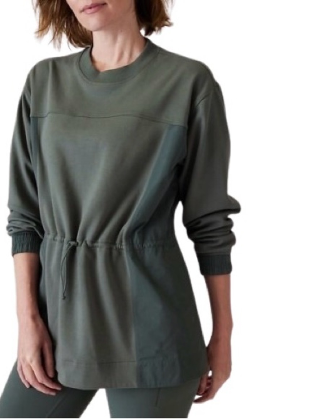 Athleta Olive Green Balance Cinch Tunic Sweatshirt Gorpcore Cozy Size Large